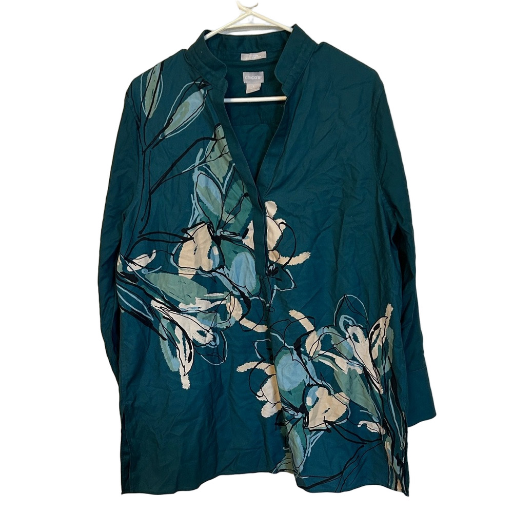 🐞Chico’s No iron chic stretch Teal Floral Print Tunic Top size 3/us 16 GUC